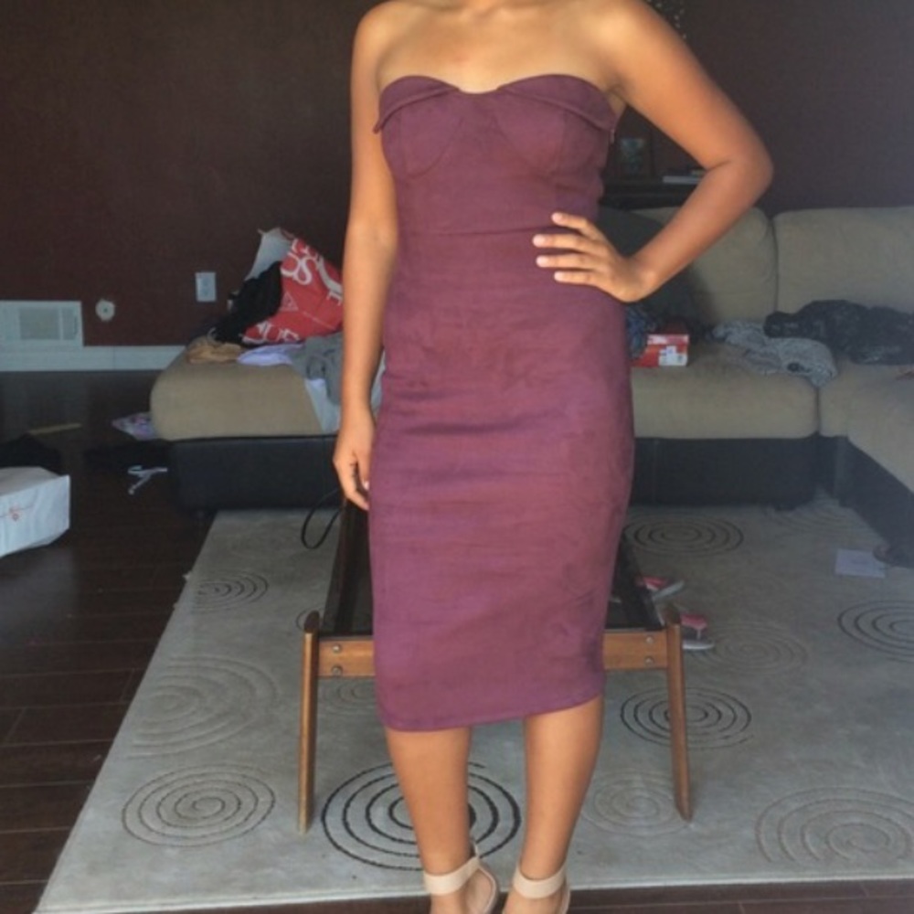 Strapless burgundy suede dress